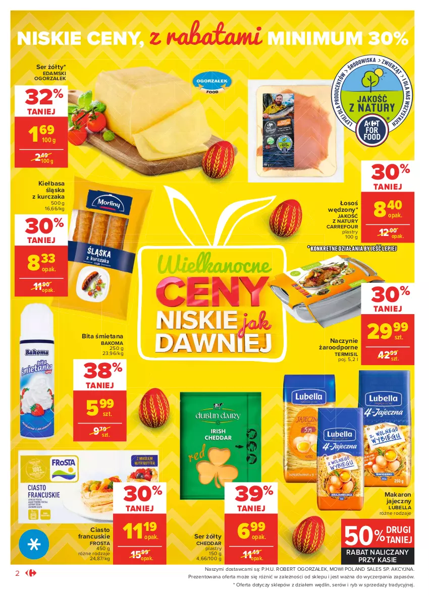 Gazetka promocyjna Carrefour - Gazetka Market - ważna 22.03 do 27.03.2021 - strona 2 - produkty: Bakoma, Bell, Bella, Cheddar, Ciasto francuskie, Edam, Frosta, Kiełbasa, Kiełbasa śląska, Kurczak, Lubella, Makaron, Naczynie żaroodporne, Por, Ser