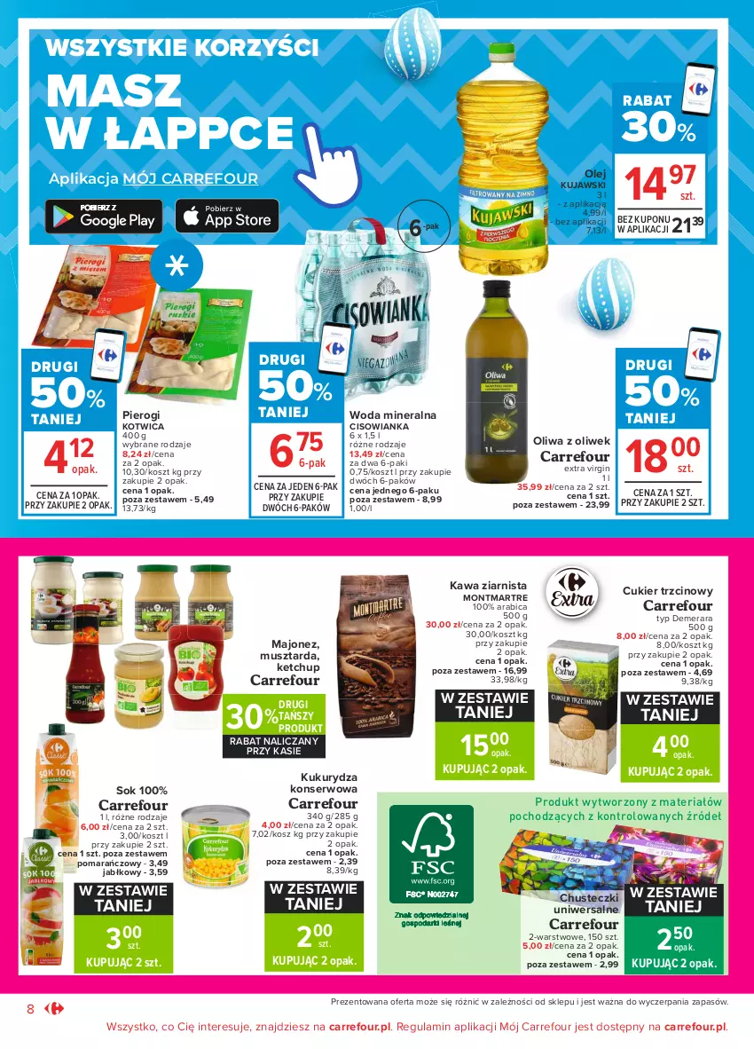 Gazetka promocyjna Carrefour - Gazetka Market - ważna 22.03 do 27.03.2021 - strona 8 - produkty: BIC, Chusteczki, Cisowianka, Cukier, Cukier trzcinowy, Gin, Kawa, Kawa ziarnista, Ketchup, Kosz, Kujawski, Kukurydza, Kukurydza konserwowa, Majonez, Montmartre, Mus, Musztarda, Olej, Oliwa z oliwek, Pierogi, Ser, Sok, Woda, Woda mineralna