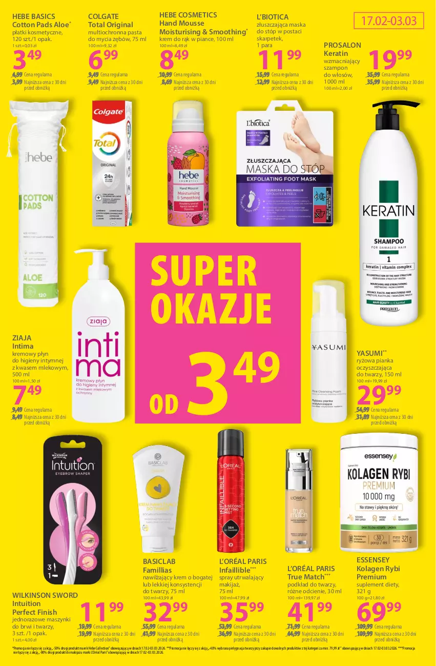 Gazetka promocyjna Hebe - Gazetka - ważna 17.02 do 03.03.2026 - strona 15 - produkty: Basiclab, Colgate, Colgate Total, Fa, Finish, Gin, Hebe Cosmetics, Karp, Kolagen, Krem do rąk, L’Oréal, LG, Makijaż, Maska, Maska do stóp, Mleko, Płatki kosmetyczne, Płyn do higieny intymnej, Podkład, Podkład do twarzy, Ryż, Suplement diety, Szampon, Wilkinson Sword, Ziaja