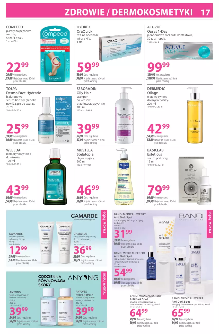 Gazetka promocyjna Hebe - Gazetka - ważna 17.02 do 03.03.2026 - strona 17 - produkty: Bandi, Basiclab, Booster, Dermedic, Emulsja, Fa, Krem do twarzy, Mus, Mustela, Olej, Peeling, Rum, Seboradin, Ser, Serum, Serum pod oczy, Soczewki kontaktowe, Szampon, Tołpa, Tonik, Tonujący krem, Top, Weleda, Zdrowie
