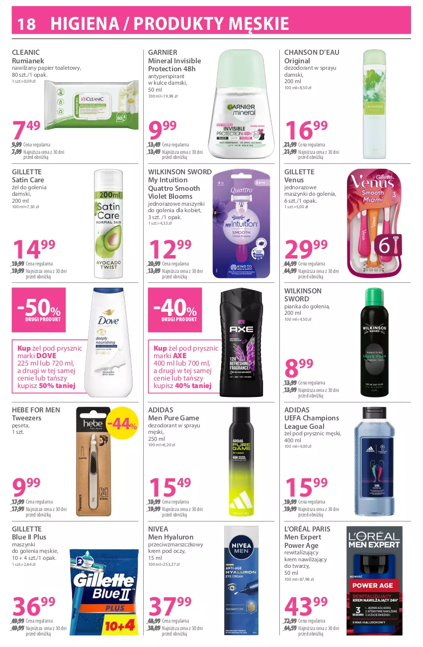 Gazetka promocyjna Hebe - Gazetka - ważna 17.02 do 03.03.2026 - strona 18 - produkty: Adidas, Antyperspirant, Chanson d’eau, Cleanic, Dezodorant, Dove, Fa, Garnier, Gillette, Gillette Venus, Gin, Goal, Krem nawilżający, Krem pod oczy, L’Oréal, Mars, Nawilżany papier, Nivea, Nivea Men, Papier, Papier toaletowy, Pęseta, Pianka do golenia, Pur, Rum, Sati, Venus, Wilkinson Sword