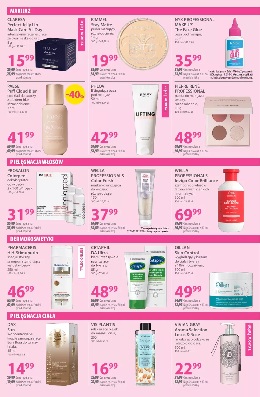 Gazetka promocyjna Hebe - Gazetka - ważna 17.02 do 03.03.2026 - strona 3 - produkty: Acer, Balsam do ciała, Cetaphil, Control, DAX, Fa, Gra, Makijaż, Maska, Mleczko, Mleczko do ciała, Oillan, Olej, PAESE, Paleta, Pharmaceris, Pielęgnacja włosów, Pierre René, Podkład, Podkład do twarzy, Puder, Puf, Pur, Szampon, Wella