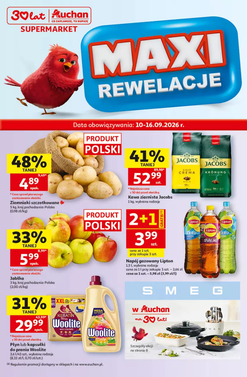 Gazetka promocyjna Auchan - 30 Lat Supermarket - ważna 10.09 do 16.09.2026 - strona 1 - produkty: Jacobs, Kapsułki do prania, Kawa, Kawa ziarnista, Lipton, Napój, Napój gazowany, Woolite, Ziemniaki