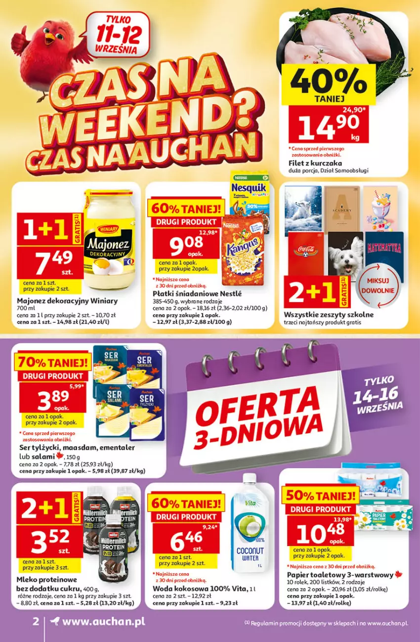 Gazetka promocyjna Auchan - 30 Lat Supermarket - ważna 10.09 do 16.09.2026 - strona 2 - produkty: Danio, Ementaler, Fa, Gra, Kokos, Maasdam, Majonez, Mleko, Papier, Papier toaletowy, Salami, Ser, Ser tylżycki, Winiary, Woda