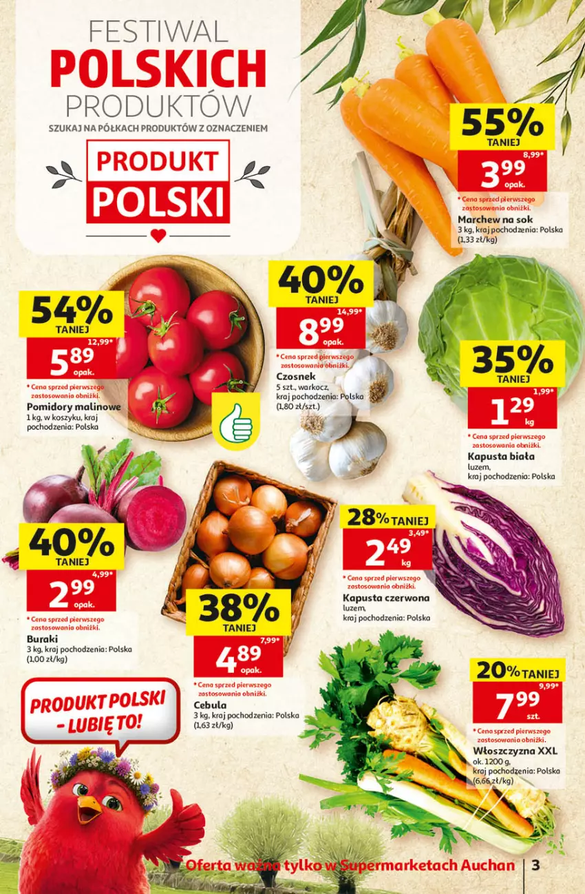 Gazetka promocyjna Auchan - 30 Lat Supermarket - ważna 10.09 do 16.09.2026 - strona 3 - produkty: Buraki, Cebula, Czosnek, Koc, Kosz, Półka, Pomidory, Sok