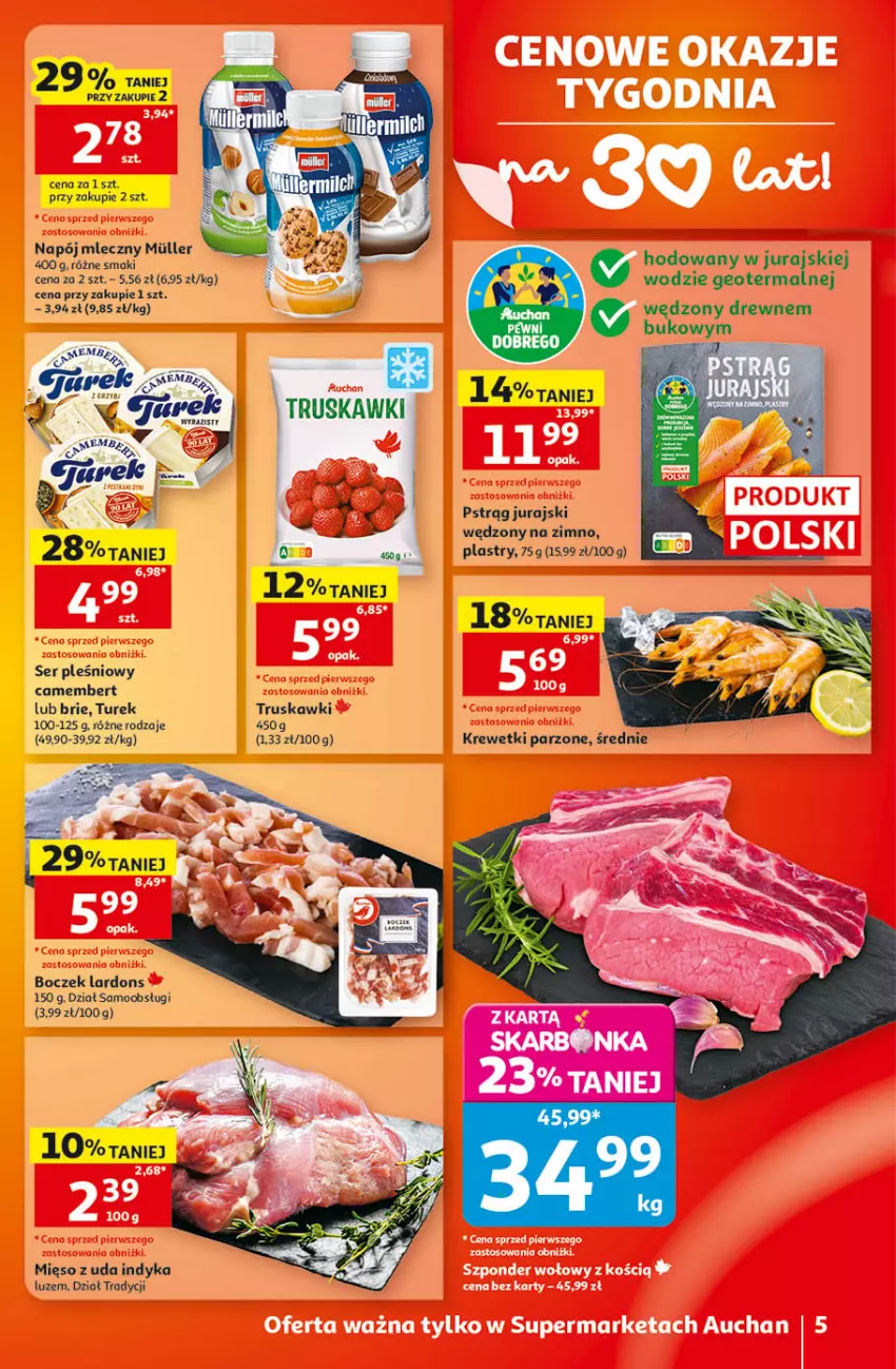 Gazetka promocyjna Auchan - 30 Lat Supermarket - ważna 10.09 do 16.09.2026 - strona 5 - produkty: Boczek, Brie, Camembert, Krewetki, Mięso, Napój, Napój mleczny, Pstrąg, Ser, Ser pleśniowy, Truskawki