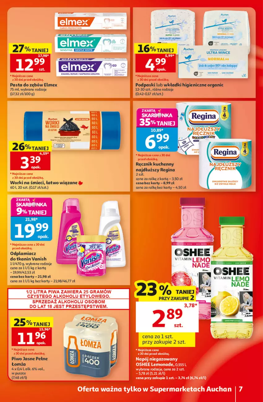 Gazetka promocyjna Auchan - 30 Lat Supermarket - ważna 10.09 do 16.09.2026 - strona 7 - produkty: Elmex, Fa, Gin, Koc, Mus, Odplamiacz, Pasta do zębów, Piwo, Piwo jasne, Podpaski, Ręcznik, Ręcznik kuchenny, Vanish, Wkładki, Worki na śmiec, Worki na śmieci