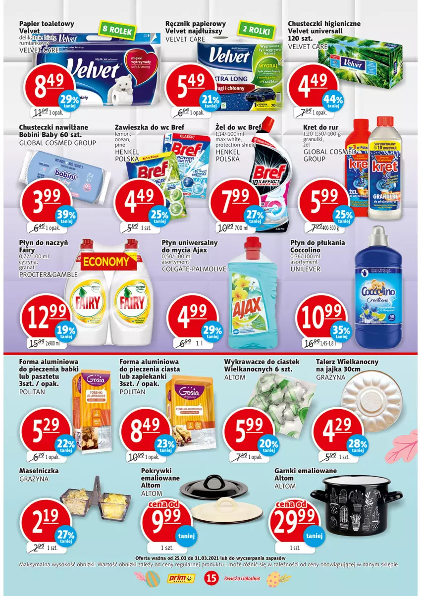 Gazetka promocyjna Prim Market - Gazetka - ważna 25.03 do 31.03.2021 - strona 15 - produkty: Ajax, Bref, Chusteczki, Coccolino, Colgate, Fa, Fairy, Foremki, Gra, Gry, Kret, LG, Maselniczka, Palmolive, Papier, Papier toaletowy, Pasztet, Piec, Płyn do płukania, Ręcznik, Sok, Stek, Talerz, Velvet, Zawieszka do wc