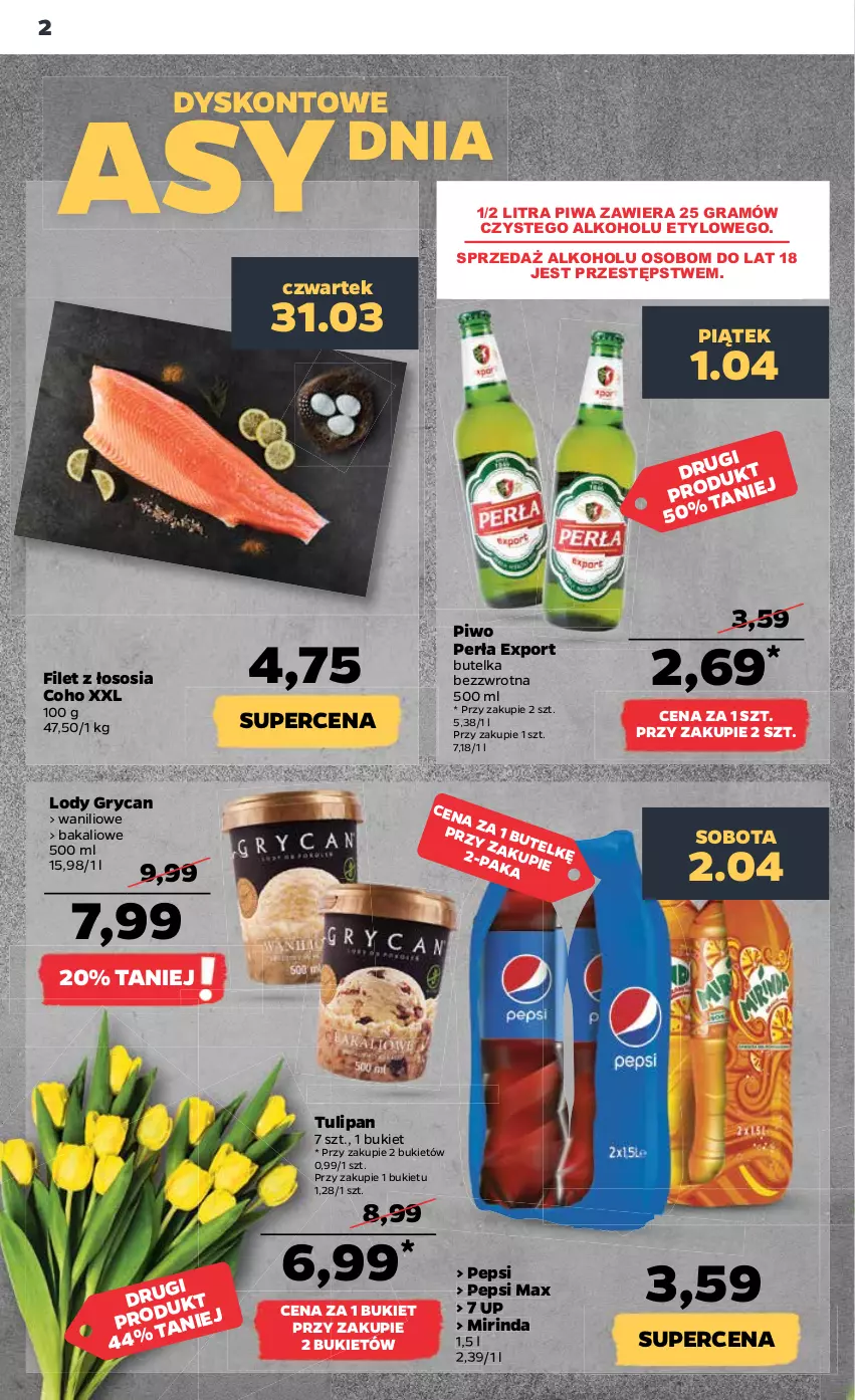 Gazetka promocyjna Netto - Gazetka spożywcza 31.03-6.04 - ważna 31.03 do 06.04.2022 - strona 2 - produkty: Bukiet, Gra, Gry, Lody, Mirinda, Pepsi, Pepsi max, Perła, Piwa, Piwo, Por, Sos, Tulipan