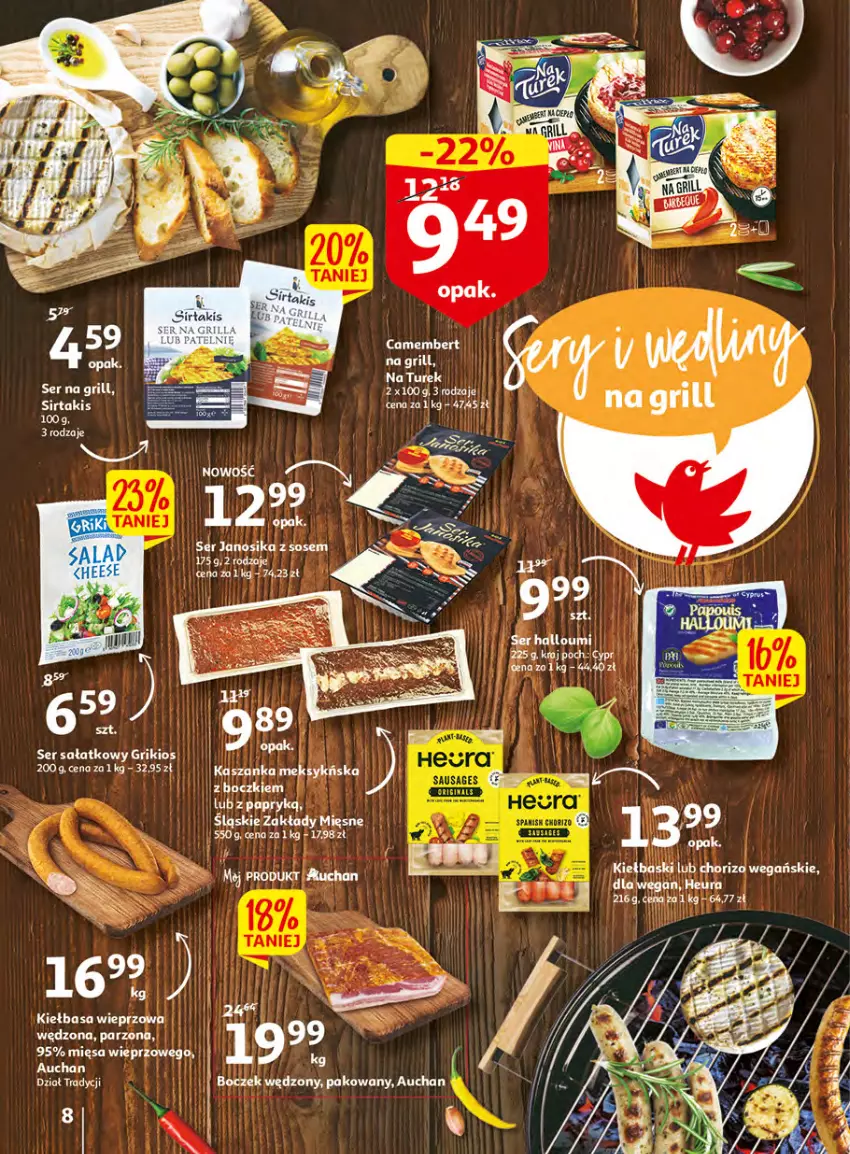 Gazetka promocyjna Auchan - Udane grillowanie jest w cenie Hipermarkety - ważna 19.05 do 28.05.2022 - strona 8 - produkty: Boczek, Camembert, Fa, Grill, Kiełbasa, Ser, Sos