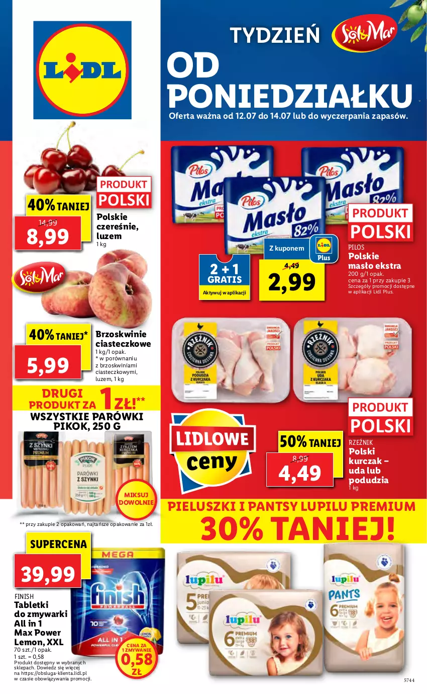 Gazetka promocyjna Lidl - GAZETKA - ważna 12.07 do 14.07.2021 - strona 1 - produkty: Brzoskwinie, Finish, Gra, Kurczak, Masło, Olej, Olej rzepakowy, Parówki, PIKOK, Pilos, Por, Tablet, Tabletki do zmywarki, Zmywarki