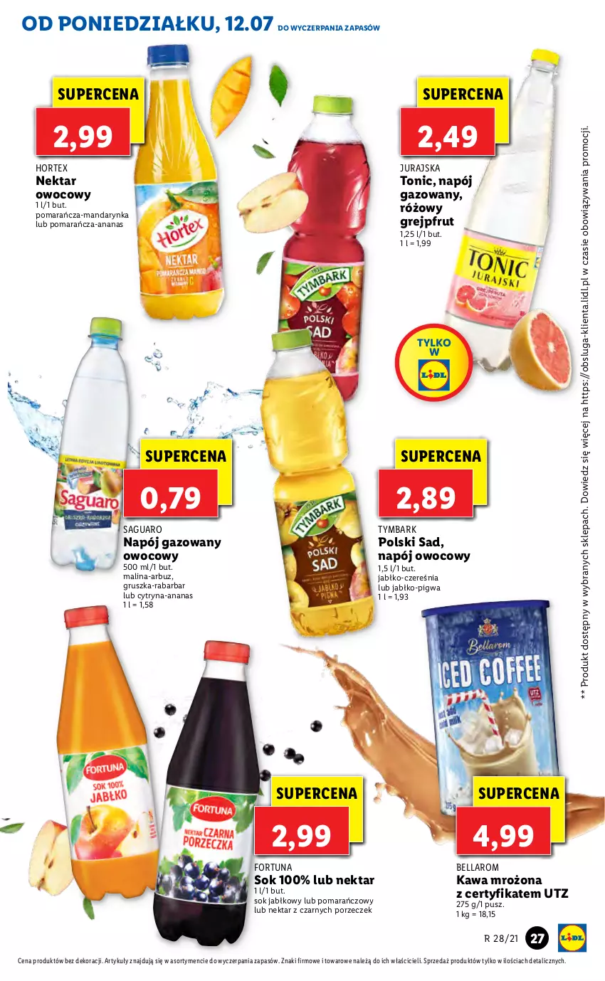 Gazetka promocyjna Lidl - GAZETKA - ważna 12.07 do 14.07.2021 - strona 27 - produkty: Ananas, Arbuz, Bell, Bella, Fortuna, Grejpfrut, Hortex, Kawa, Napój, Napój gazowany, Nektar, Por, Sok, Sok jabłkowy, Tymbark