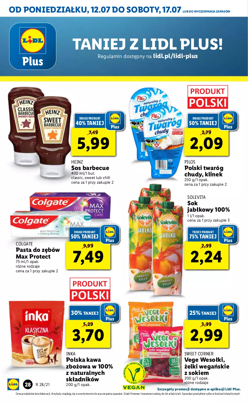 Gazetka promocyjna Lidl - GAZETKA - ważna 12.07 do 14.07.2021 - strona 28 - produkty: Colgate, Heinz, Inka, Kawa, Kawa zbożowa, LG, Pasta do zębów, Pilos, Sok, Sok jabłkowy, Sos, Twaróg, Twaróg chudy