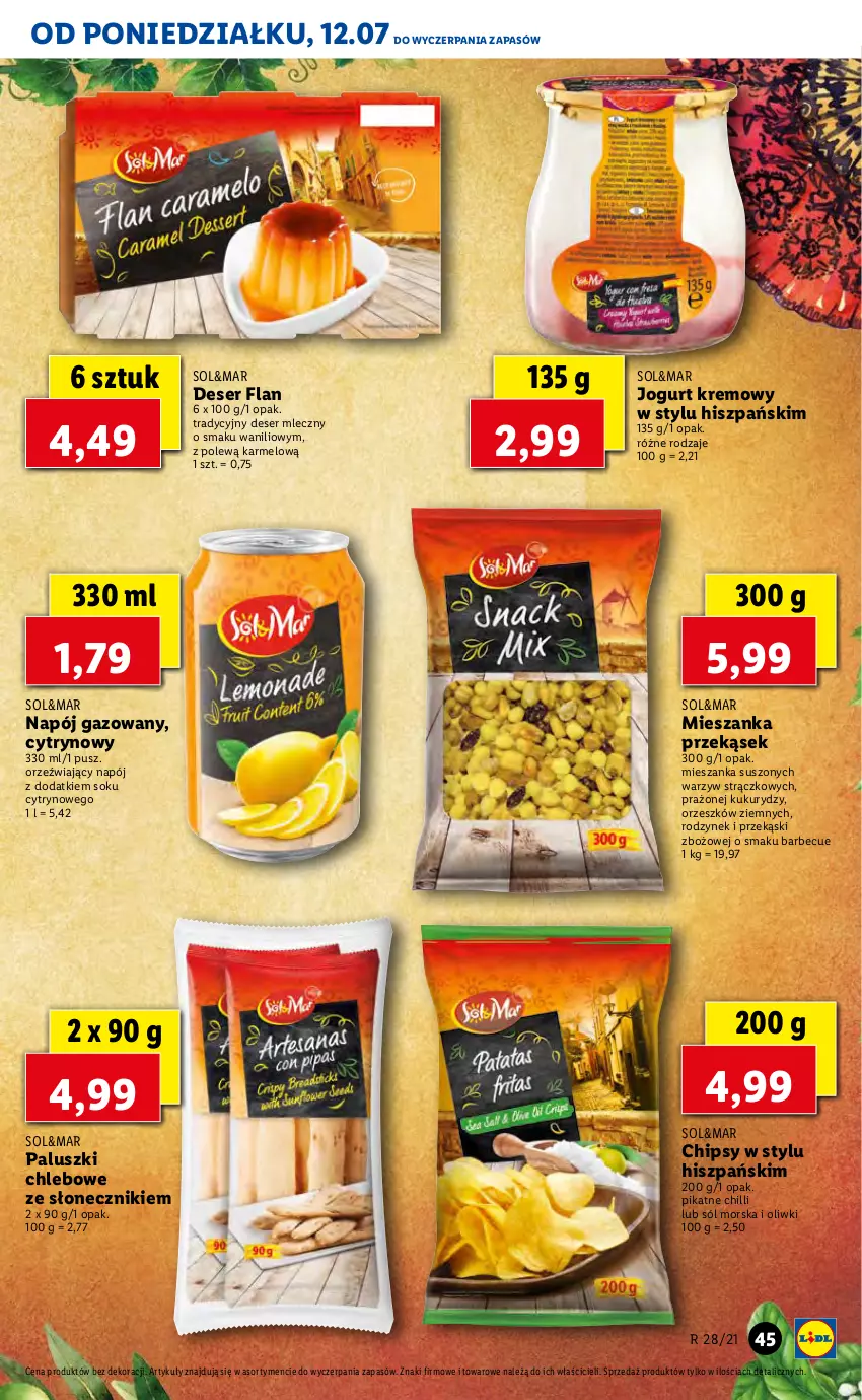 Gazetka promocyjna Lidl - GAZETKA - ważna 12.07 do 14.07.2021 - strona 45 - produkty: Chipsy, Chleb, Deser, Deser mleczny, Jogurt, Napój, Napój gazowany, Oliwki, Ser, Sok, Sól