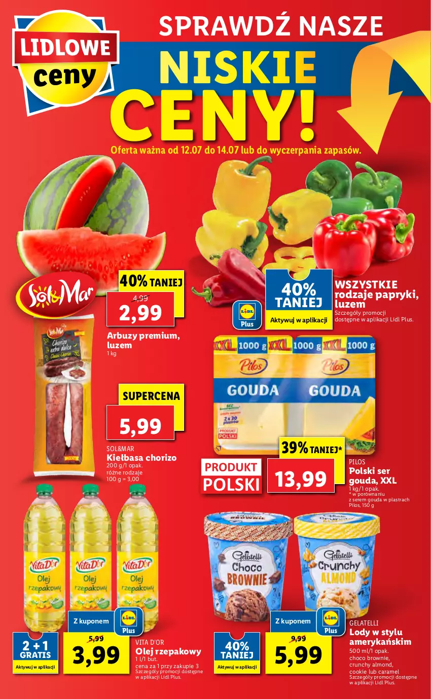 Gazetka promocyjna Lidl - GAZETKA - ważna 12.07 do 14.07.2021 - strona 66 - produkty: Arbuz, Brownie, Gouda, Gra, Kiełbasa, Lody, Olej, Olej rzepakowy, Pilos, Por, Ser