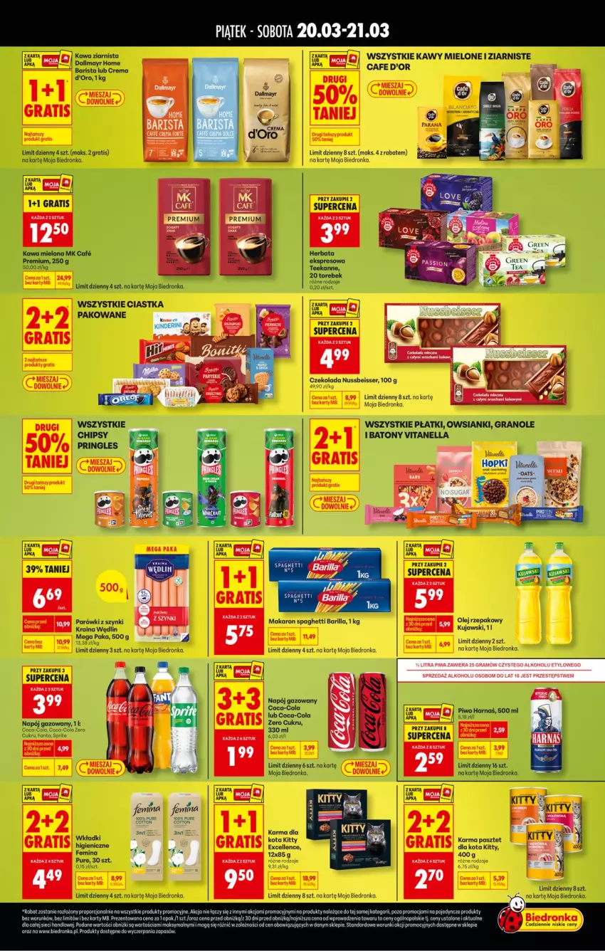Gazetka promocyjna Biedronka - Tani Weekend - ważna 20.03 do 21.03.2026 - strona 2 - produkty: Barilla, Ciastka, Coca-Cola, Czekolada, Fa, Fanta, Gra, Harnaś, Kawa, Kawa ziarnista, Makaron, Parówki, Parówki z szynki, Piwo, Pur, Ser, Spaghetti, Sprite, Teekanne, Wkładki
