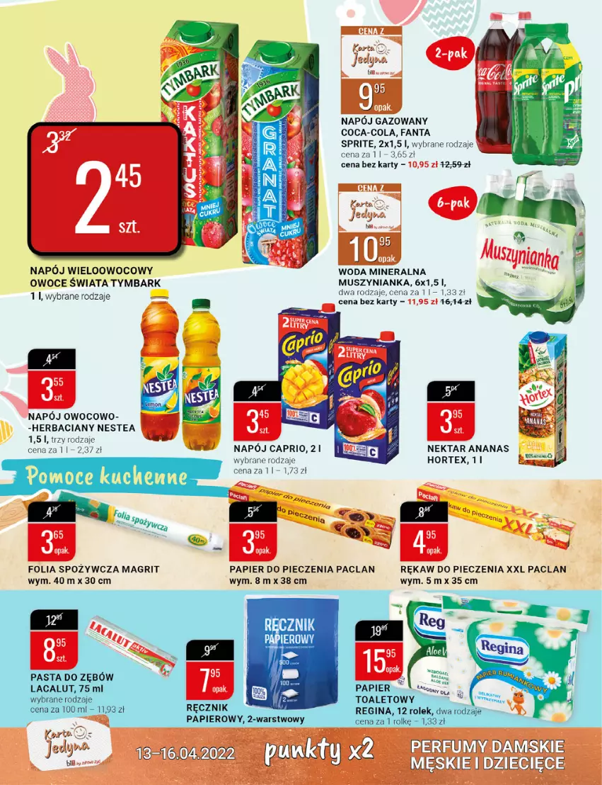 Gazetka promocyjna Bi1 - Czas na Wielkanoc - ważna 13.04 do 16.04.2022 - strona 12 - produkty: Ananas, Coca-Cola, Dzieci, Fa, Fanta, Gin, Hortex, Lacalut, Mus, Muszynianka, Napój, Napój gazowany, Nektar, Nestea, Owoce, Papier, Papier do pieczenia, Pasta do zębów, Perfum, Piec, Ręcznik, Rękaw do pieczenia, Sprite, Tymbark, Woda, Woda mineralna