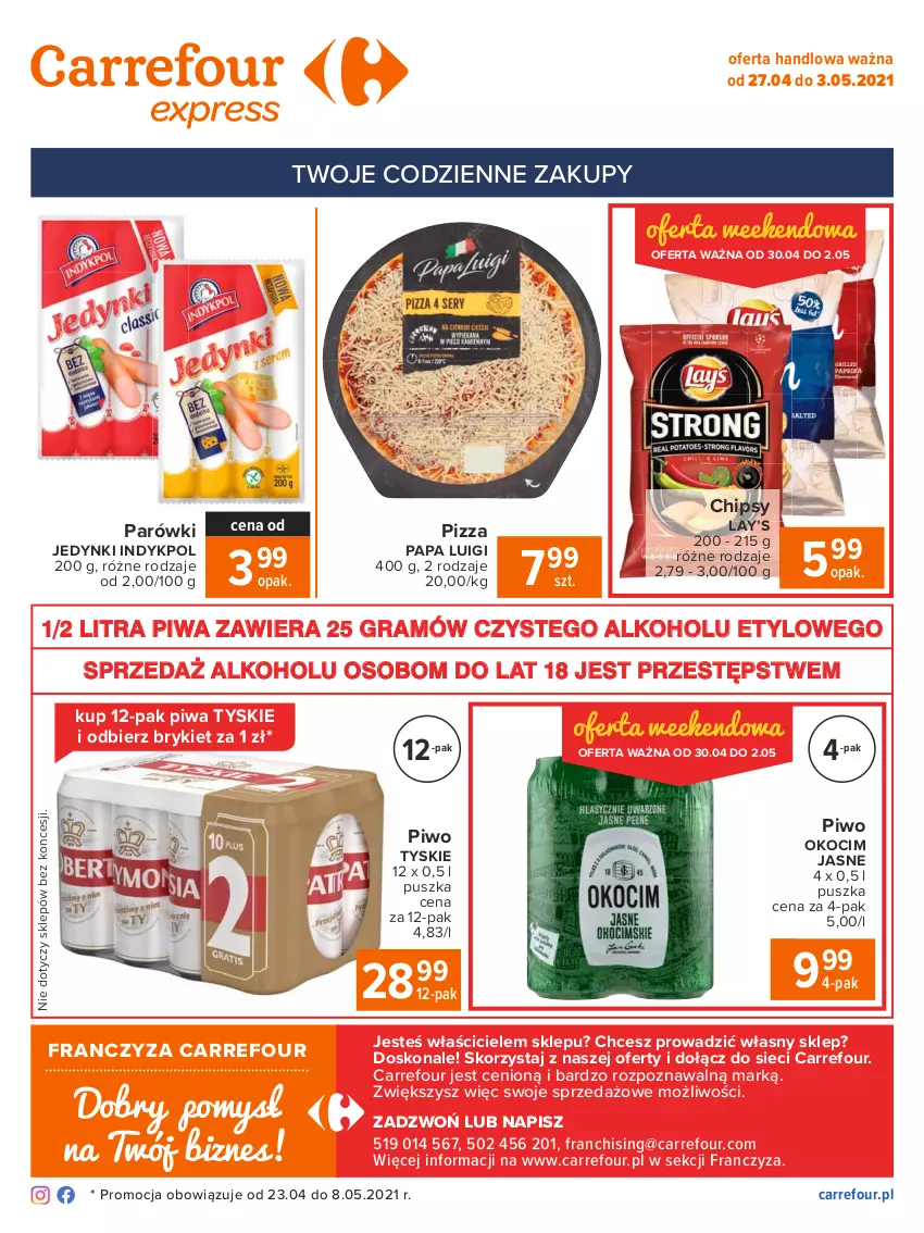 Gazetka promocyjna Carrefour - Gazetka Express - ważna 26.04 do 03.05.2021 - strona 2 - produkty: Chipsy, Gra, Koc, Lay’s, Okocim, Parówki, Piwa, Piwo, Pizza, Tyskie