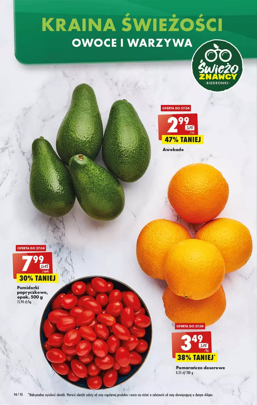 Gazetka promocyjna Biedronka - W tym tygodniu PN - ważna 25.04 do 02.05.2022 - strona 14 - produkty: Deser, Owoce, Pomarańcze, Pomidorki, Ser, Sok, Warzywa