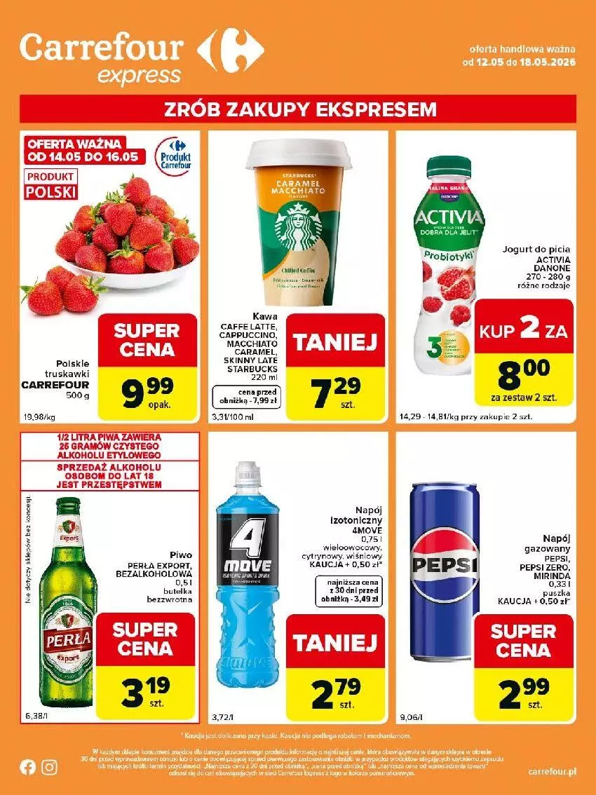 Gazetka promocyjna Carrefour - Gazetka Express - ważna 12.05 do 18.05.2026 - strona 2 - produkty: Cappuccino, Chia, Danone, Fa, Gra, Jogurt, Kawa, Napój, Napój izotoniczny, Pepsi, Perła, Piwo, Por, Truskawki
