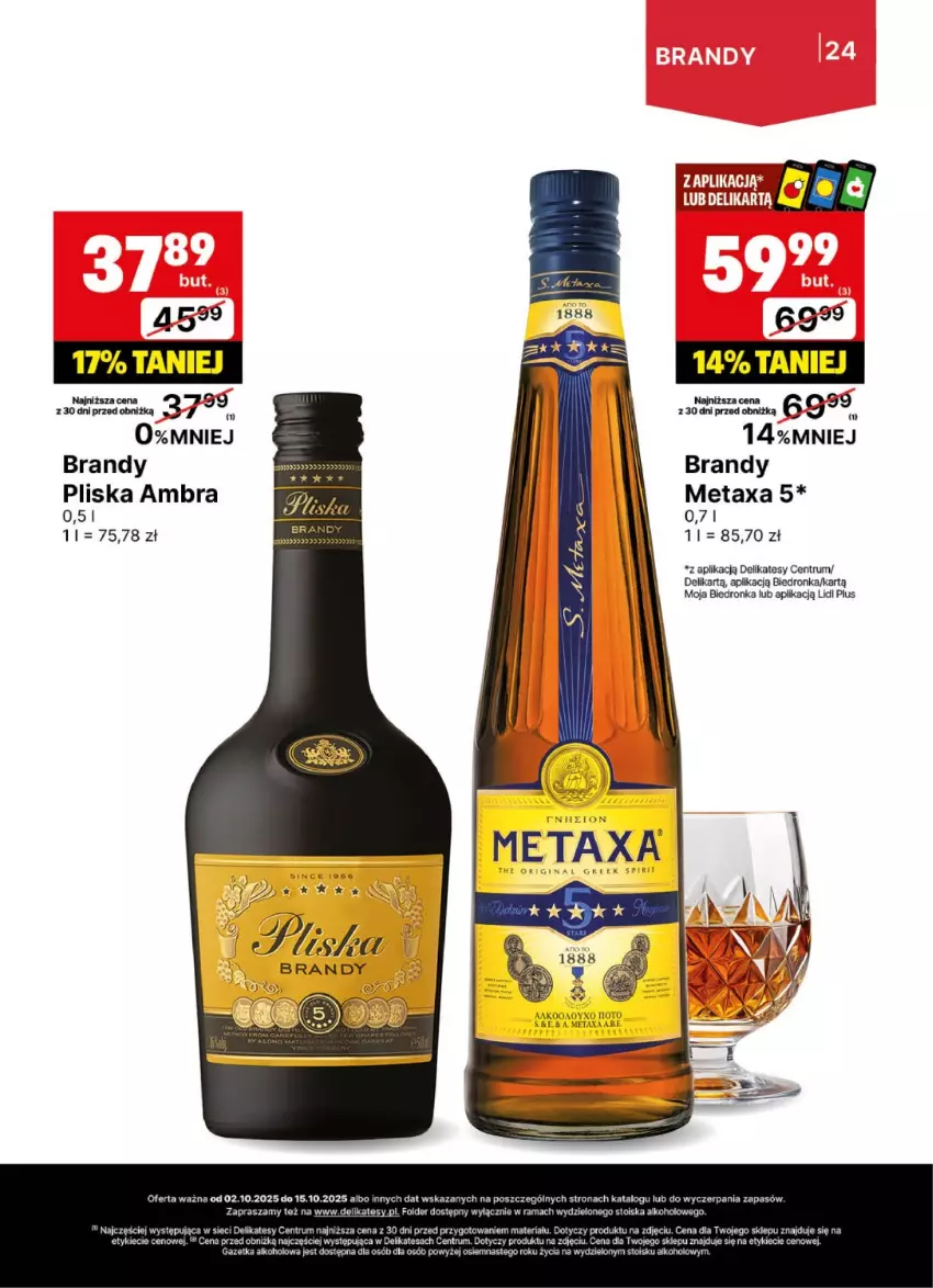 Gazetka promocyjna Delikatesy Centrum - Delibarek DC40-DC41 - ważna 02.10 do 15.10.2025 - strona 24 - produkty: Brandy, Metaxa, Pliska, Rama, Rum