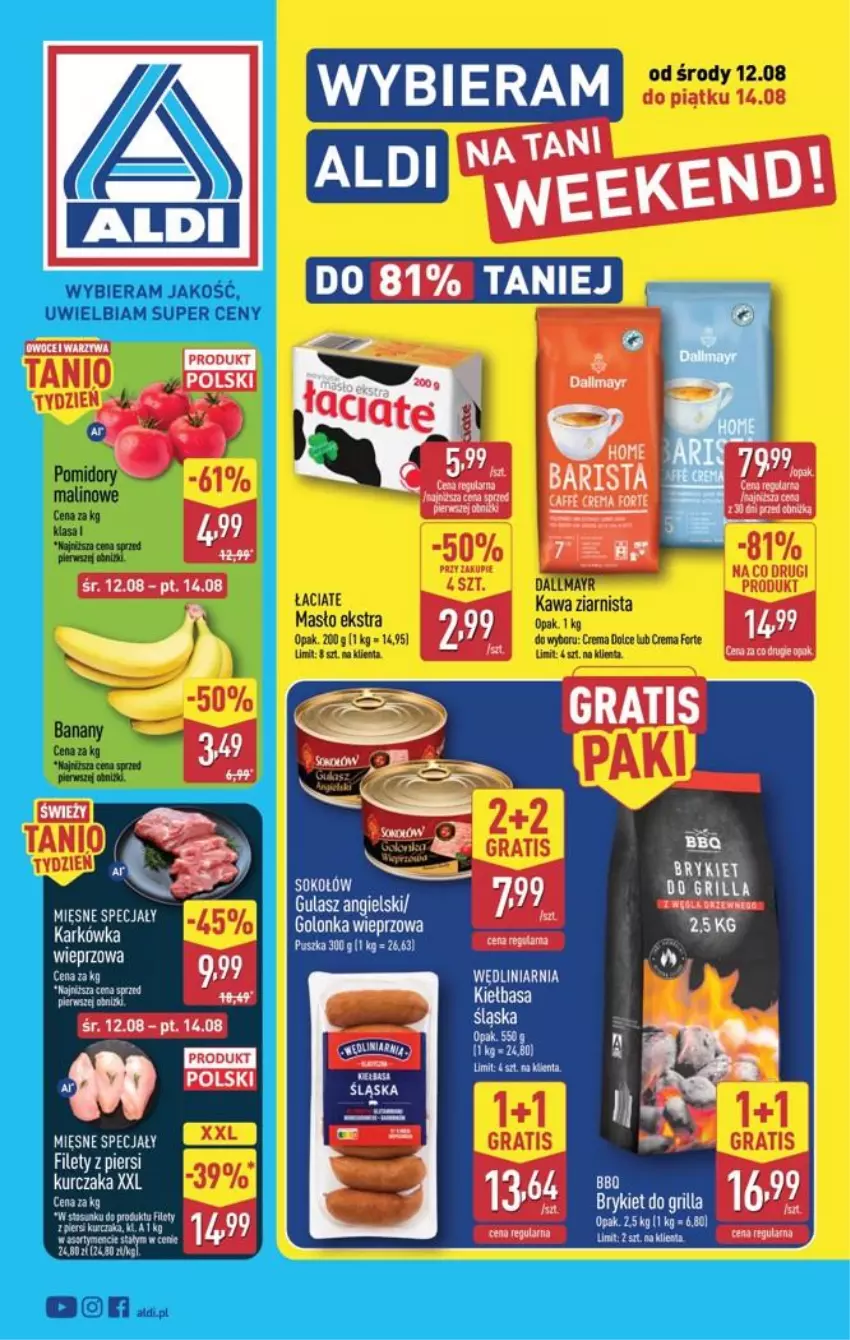 Gazetka promocyjna Aldi - Oferta weekendowa - ważna 12.08 do 14.08.2026 - strona 1 - produkty: Fa, Golonka wieprzowa, Grill, Koc, Kurczak, LG, Mięsne specjały, Sok, Sokołów