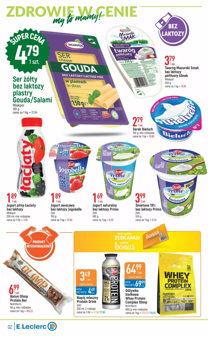 Gazetka promocyjna E Leclerc - ważna 21.02 do 11.03.2023 - strona 2 - produkty: Baton, Bell, Bella, Bieluch, Fa, Gouda, Jogobella, Jogurt, Jogurt naturalny, Jogurt owocowy, Jogurt pitny, Napój, Napój mleczny, Odżywka, Salami, Ser, Serek, Twaróg, Zott