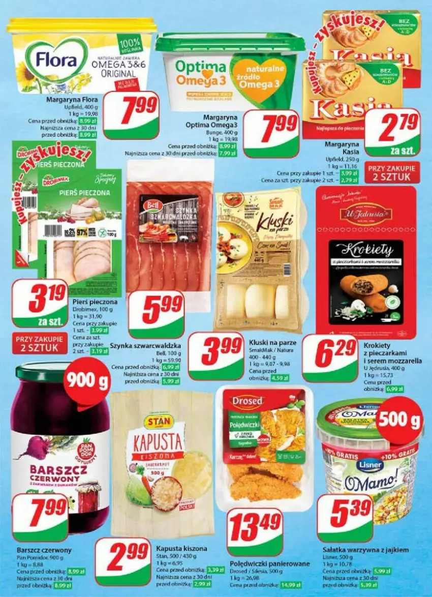 Gazetka promocyjna Dino - ważna 22.11 do 28.11.2023 - strona 9 - produkty: Bell, Drobimex, Flora, Gin, Kasia, Kluski na parze, Krokiety, Margaryna, Mozzarella, Optima, Optima Omega3, Piec, Pieczarka, Polędwiczki panierowane, Sałat, Sałatka, Sałatka warzywna, Ser, Szynka