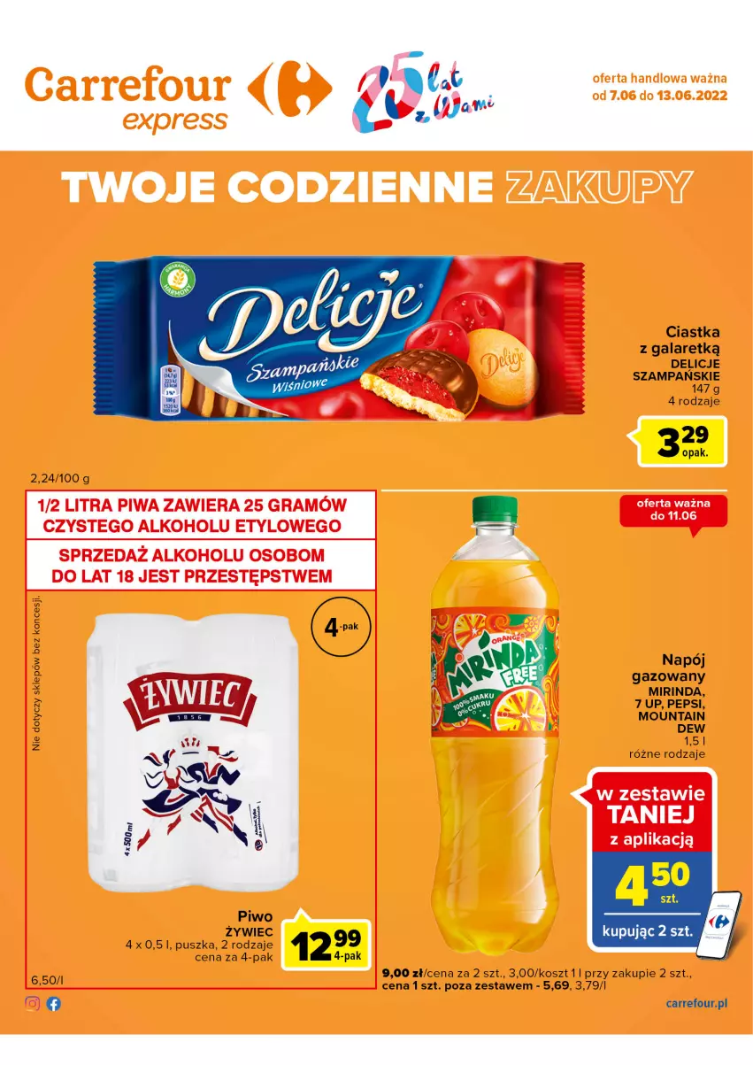 Gazetka promocyjna Carrefour - Gazetka Express - ważna 07.06 do 13.06.2022 - strona 2 - produkty: Ciastka, Delicje, Gala, Kosz, Mirinda, Napój, Napój gazowany, Pepsi, Piwo