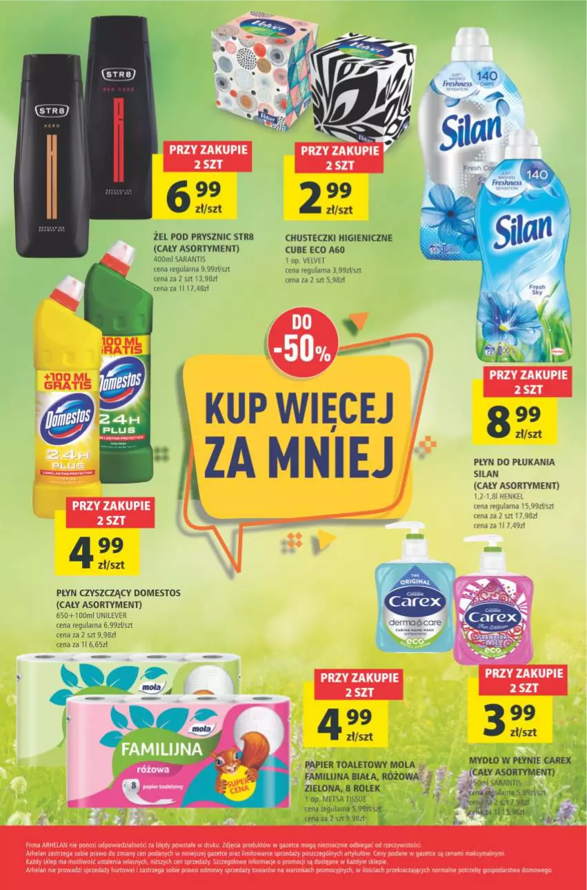 Gazetka promocyjna Arhelan - Gazetka - ważna 13.08 do 22.08.2021 - strona 24 - produkty: Chusteczki, Domestos, Fa, LANA, Mola, Papier, Papier toaletowy, Płyn do płukania, Sati, Silan, Str8, Top, Velvet