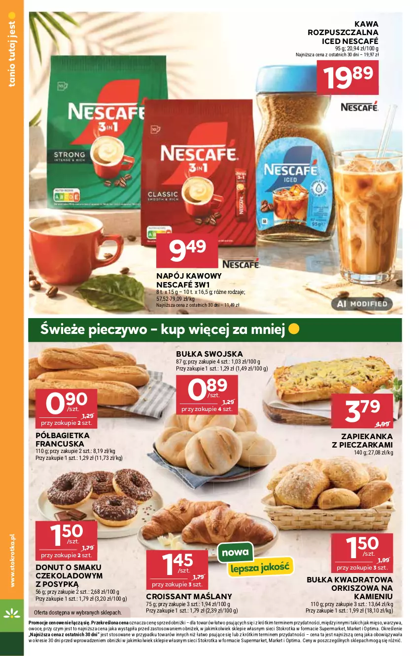 Gazetka promocyjna Stokrotka - Supermarket - ważna 13.08 do 19.08.2026 - strona 28 - produkty: Bagietka, Bułka, Croissant, Donut, Kawa, Kawa rozpuszczalna, Mięso, Napój, Nescafé, Optima, Owoce, Piec, Pieczarka, Pieczywo, Półbagietka, Warzywa, Zapiekanka