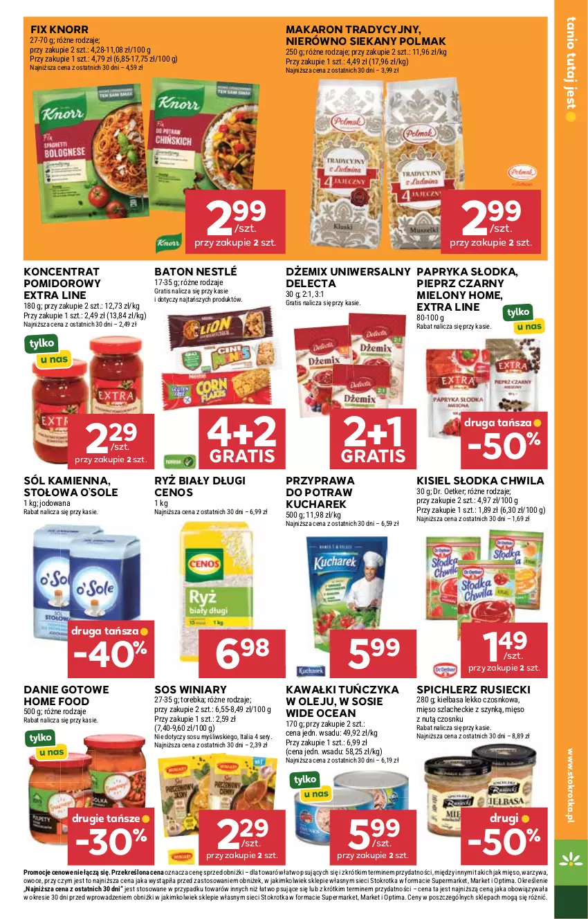 Gazetka promocyjna Stokrotka - Supermarket - ważna 13.08 do 19.08.2026 - strona 35 - produkty: Baton, Cenos, Danie gotowe, Delecta, Dr. Oetker, Dżem, Gra, Kawa, Kiełbasa, Kisiel, Knorr, Koncentrat pomidorowy, Kucharek, Makaron, Mięso, Nestlé, Olej, Olma, Optima, Owoce, Papryka, Papryka słodka, Pieprz, Przyprawa do potraw, Ryż, Ryż biały, Ser, Słodka Chwila, Sól, Sos, Spichlerz Rusiecki, Torebka, Tuńczyk, Warzywa, Winiary