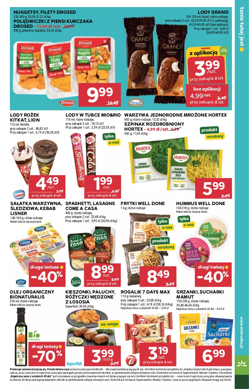 Gazetka promocyjna Stokrotka - Supermarket - ważna 13.08 do 19.08.2026 - strona 37 - produkty: 7 Days, Frytki, Gra, Hortex, Hummus, Kakao, Kebab, Kurczak, Lasagne, Lion, Lisner, Lody, Mięso, Mus, Nestlé, Olej, Optima, Owoce, Rogal, Sałat, Sałatka, Sałatka warzywna, Sos, Spaghetti, Szpinak, Warzywa