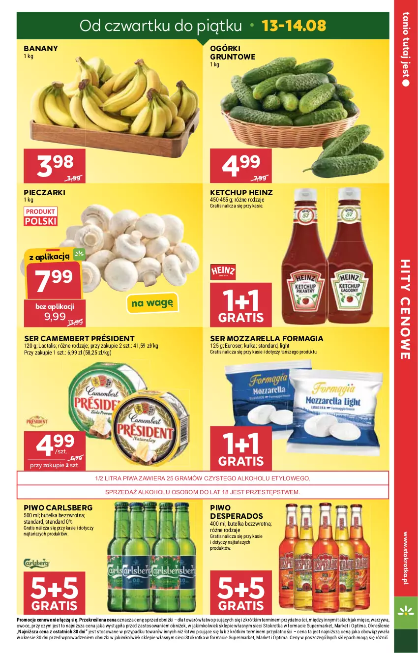 Gazetka promocyjna Stokrotka - Supermarket - ważna 13.08 do 19.08.2026 - strona 5 - produkty: Banany, Camembert, Carlsberg, Desperados, Gra, Grunt, Heinz, Ketchup, Mięso, Mozzarella, Optima, Owoce, Piec, Piwa, Piwo, Président, Ser, Warzywa