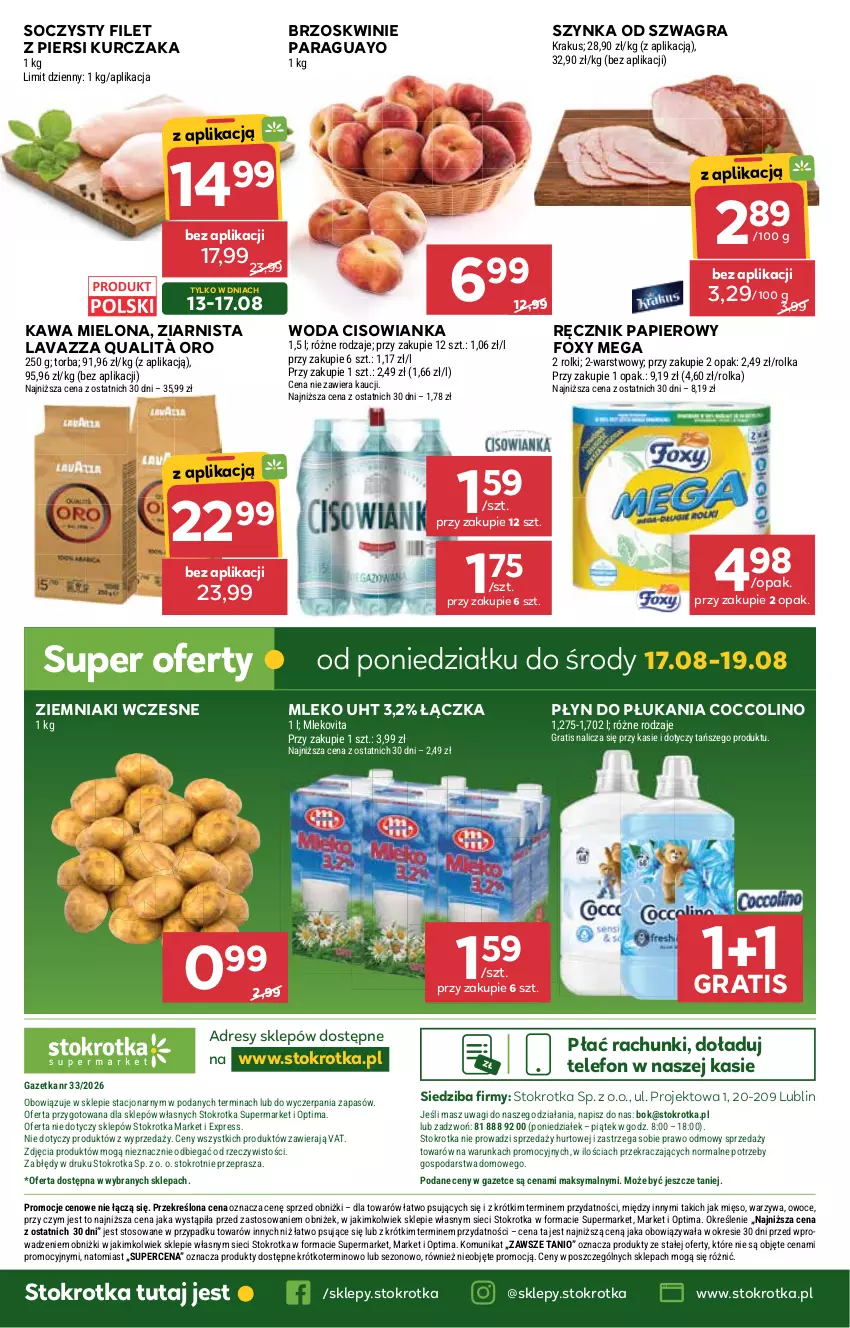 Gazetka promocyjna Stokrotka - Supermarket - ważna 13.08 do 19.08.2026 - strona 51 - produkty: Brzoskwinie, Cisowianka, Coccolino, Dres, Filet z piersi kurczaka, Foxy, Gra, Kawa, Kawa mielona, Krakus, Kurczak, Lavazza, Mięso, Mleko, Mlekovita, O nas, Optima, Owoce, Papier, Płyn do płukania, Ręcznik, Rolki, Szynka, Telefon, Torba, Wagi, Warzywa, Woda, Ziemniaki