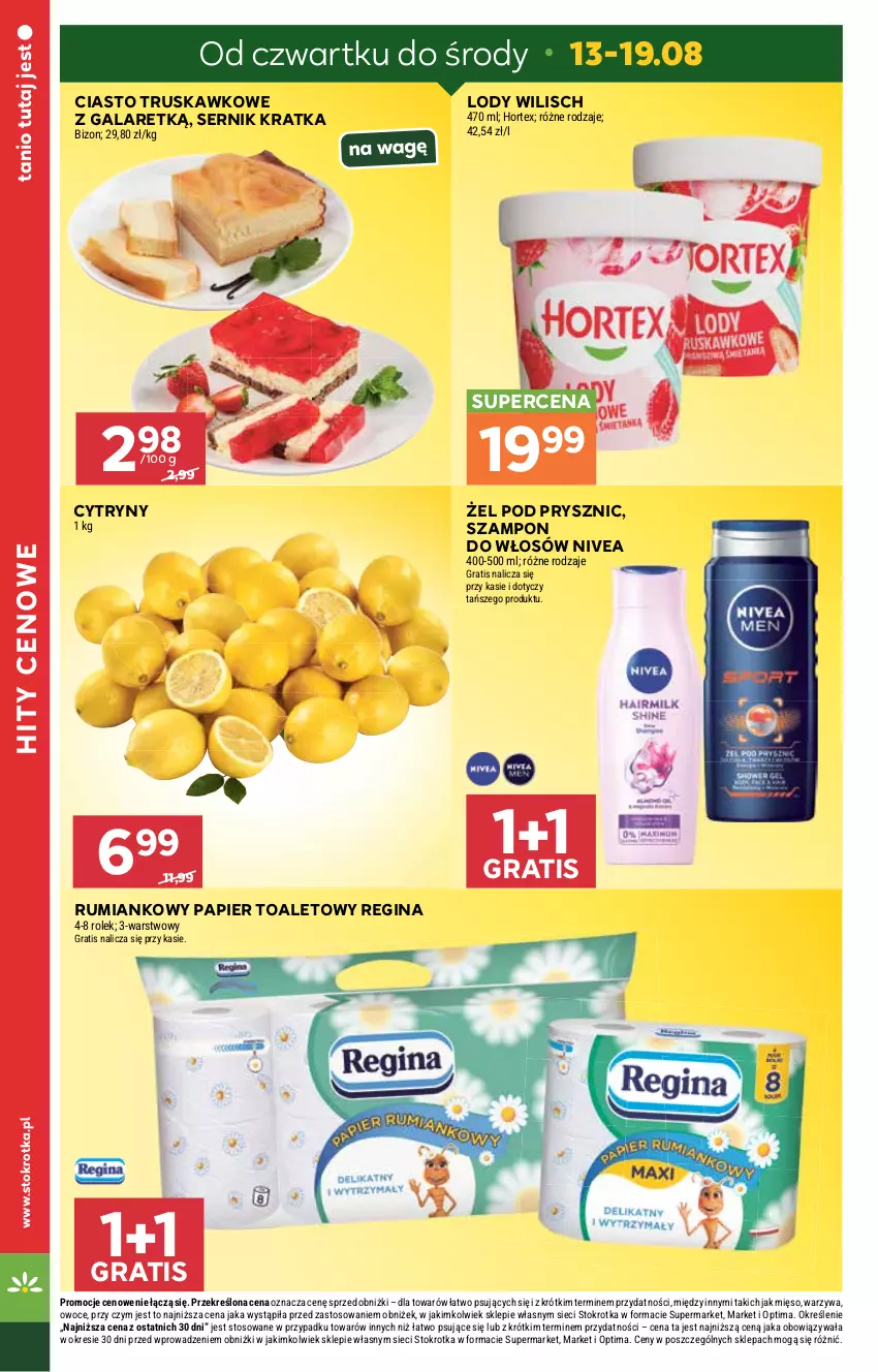 Gazetka promocyjna Stokrotka - Supermarket - ważna 13.08 do 19.08.2026 - strona 8 - produkty: Cytryny, Gala, Gin, Gra, Hortex, Lody, Mięso, Nivea, Optima, Owoce, Papier, Papier toaletowy, Rum, Ser, Szampon, Warzywa