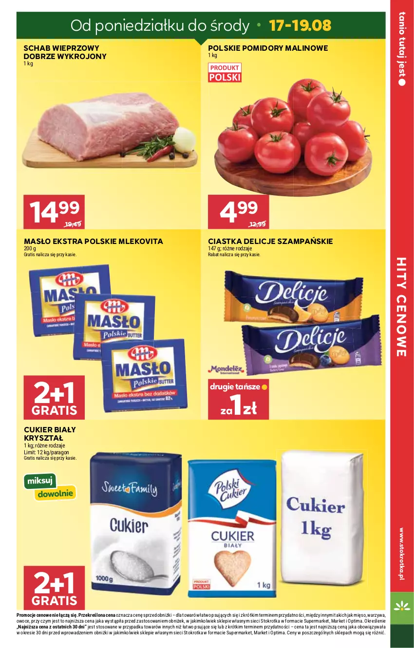 Gazetka promocyjna Stokrotka - Supermarket - ważna 13.08 do 19.08.2026 - strona 9 - produkty: Ciastka, Cukier, Delicje, Gra, Masło, Mięso, Mleko, Mlekovita, Optima, Owoce, Pomidory, Schab wieprzowy, Warzywa