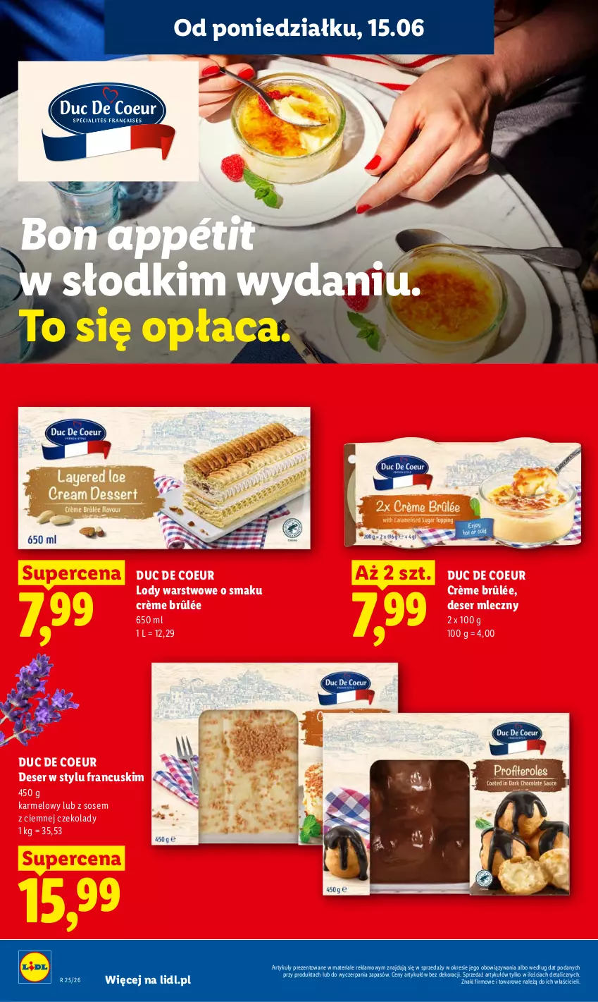 Gazetka promocyjna Lidl - Gazetka ważna od 15.06 do 17.06 - ważna 15.06 do 17.06.2026 - strona 70 - produkty: Crème brûlée, Deser, Deser mleczny, Lody, Ser, Sos