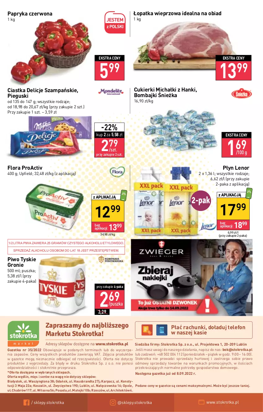 Gazetka promocyjna Stokrotka - Market - ważna 01.09 do 07.09.2022 - strona 12 - produkty: Ciastka, Cukier, Cukierki, Delicje, Dres, Flora, Gra, JBL, Karp, Kosz, Lenor, Michałki, O nas, Papryka, Papryka czerwona, Piwa, Piwo, Ser, Szal, Telefon, Tyskie, Wagi, Wilson