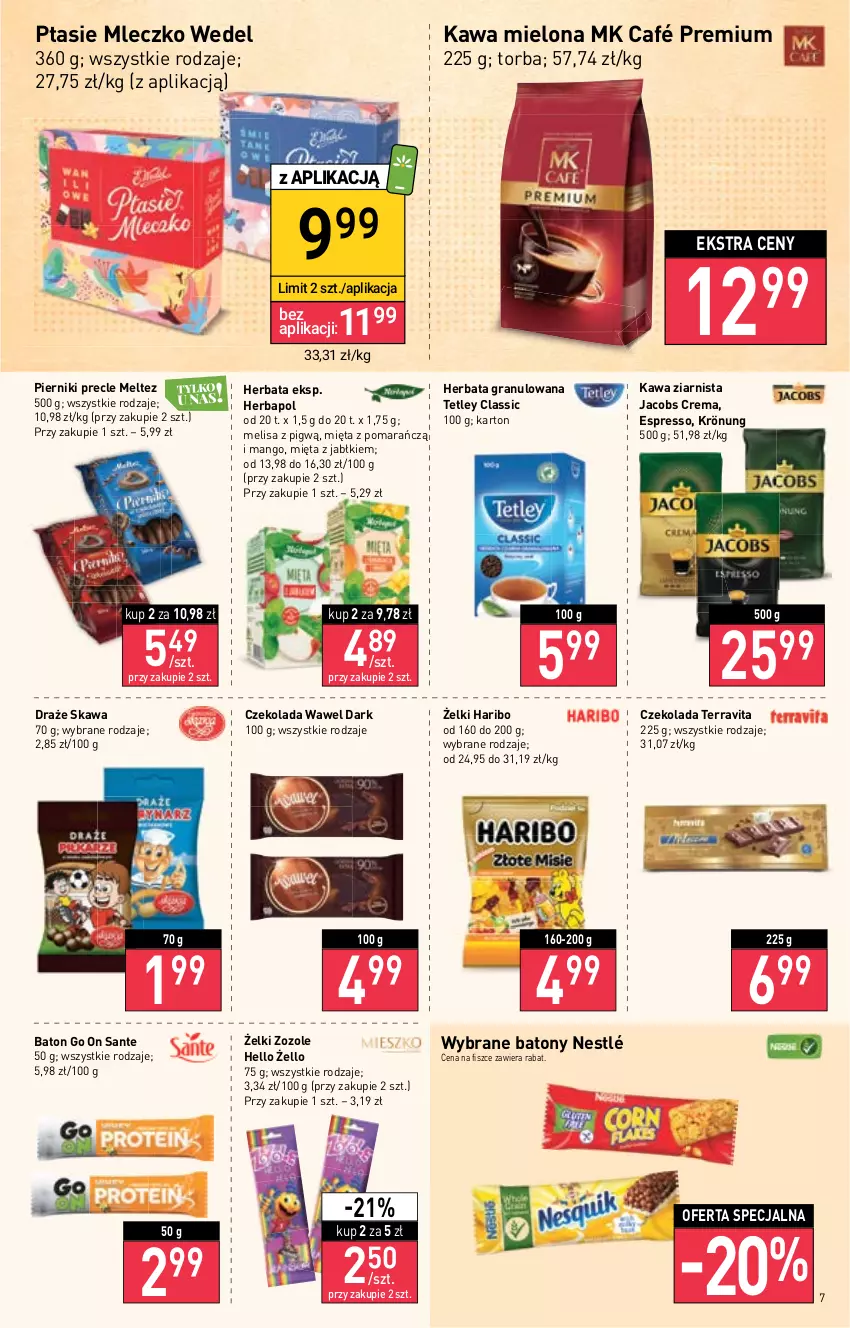 Gazetka promocyjna Stokrotka - Market - ważna 01.09 do 07.09.2022 - strona 7 - produkty: Baton, Czekolada, Gra, Haribo, Herbapol, Herbata, Jacobs, Kawa, Kawa mielona, Kawa ziarnista, Mango, Mięta, Mleczko, Nestlé, Piernik, Precle, Ptasie mleczko, Sante, Tetley, Torba, Wawel