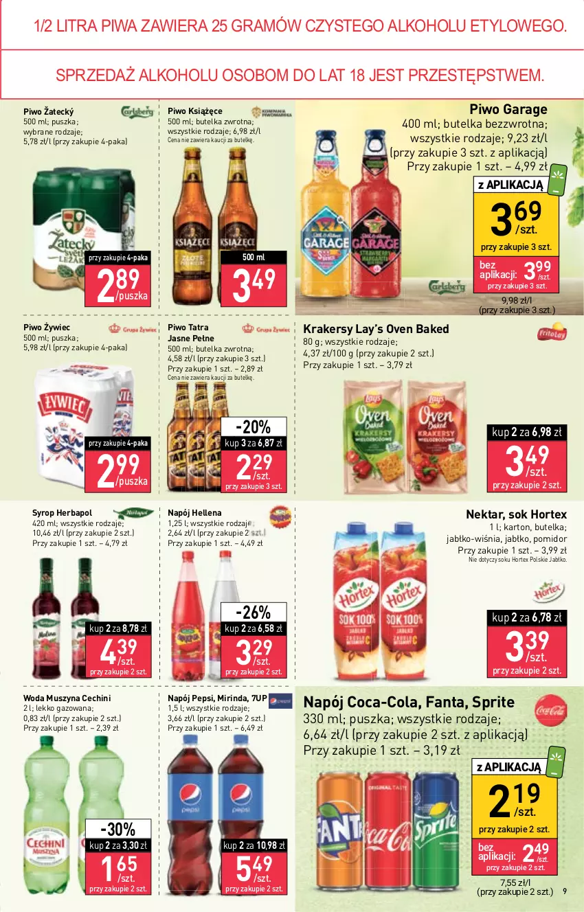 Gazetka promocyjna Stokrotka - Market - ważna 01.09 do 07.09.2022 - strona 9 - produkty: 7up, Coca-Cola, Fa, Fanta, Gra, Hellena, Herbapol, Hortex, Krakersy, Książęce, Lay’s, Mirinda, Mus, Napój, Nektar, Pepsi, Piwa, Piwo, Sok, Sprite, Syrop, Szyna, Tatra, Woda