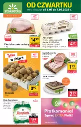 Gazetka promocyjna Stokrotka - Market - Gazetka - ważna od 07.09 do 07.09.2022 - strona 1 - produkty: Kurczak, Mus, Szynka farmerska, Jaja, Ziemniaki, Duda, Szynka, Muszynianka, Woda, Fa