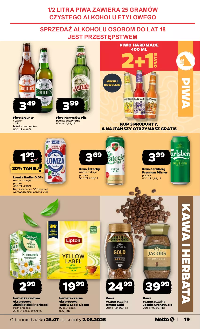 Gazetka promocyjna Netto - Od Poniedziałku - ważna 28.07 do 02.08.2025 - strona 19 - produkty: Braun, Carlsberg, Gra, Herbapol, Herbata, Herbata czarna, Jacobs, Kawa, Kawa rozpuszczalna, Lipton, Namysłów, Piwa, Piwo, Radler