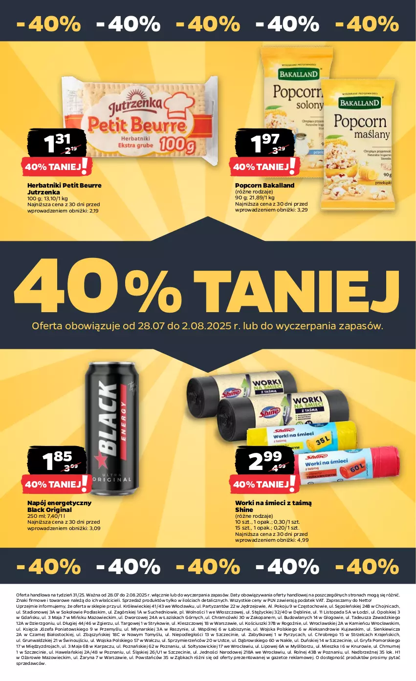 Gazetka promocyjna Netto - Od Poniedziałku - ważna 28.07 do 02.08.2025 - strona 26 - produkty: Bakalland, Fa, Gin, Gry, Herbatniki, Herbatniki Petit Beurre, Jutrzenka, Karp, Kujawski, Lack, Napój, Napój energetyczny, Podlaski, Popcorn, Sok, Stock, Top, Wino, Worki na śmiec, Worki na śmieci