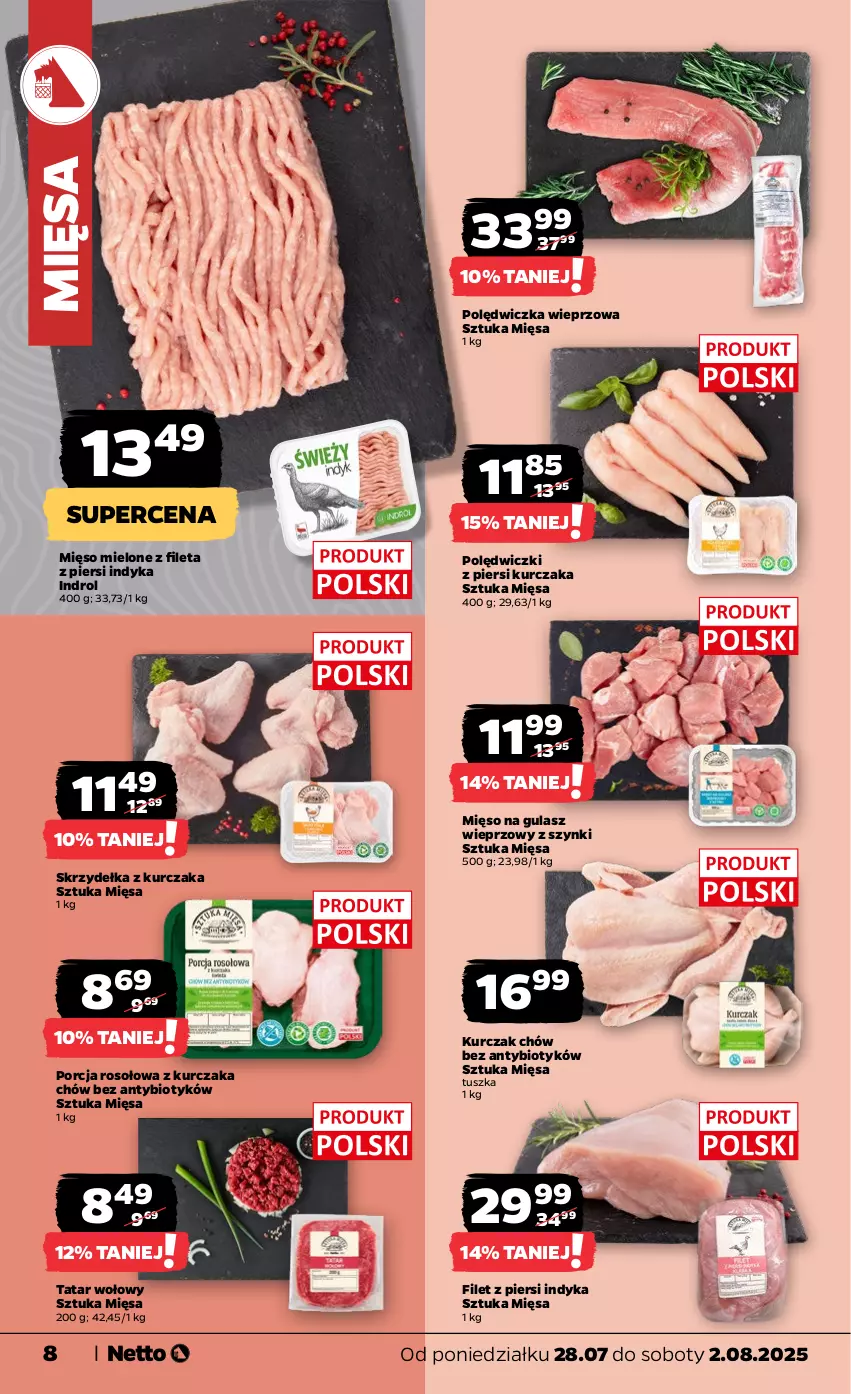 Gazetka promocyjna Netto - Od Poniedziałku - ważna 28.07 do 02.08.2025 - strona 8 - produkty: Filet z piersi indyka, Kurczak, Mięso, Mięso mielone, Mięso na gulasz, Polędwiczka wieprzowa, Por, Skrzydełka z kurczaka, Tatar wołowy, Tusz