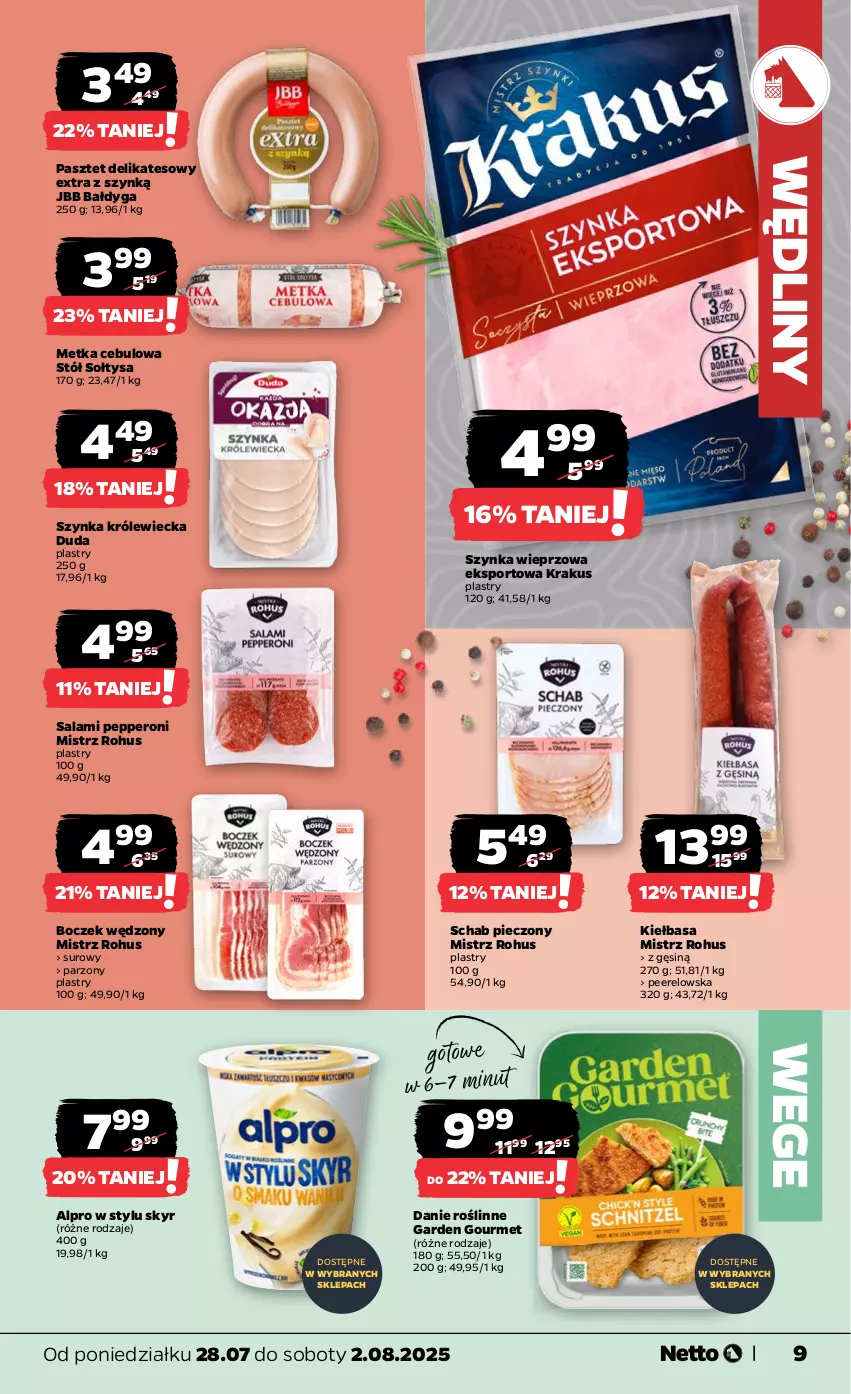 Gazetka promocyjna Netto - Od Poniedziałku - ważna 28.07 do 02.08.2025 - strona 9 - produkty: Alpro, Boczek, Duda, Kiełbasa, Krakus, Pasztet, Piec, Por, Salami, Schab pieczony, Sport, Stół, Szynka, Szynka wieprzowa