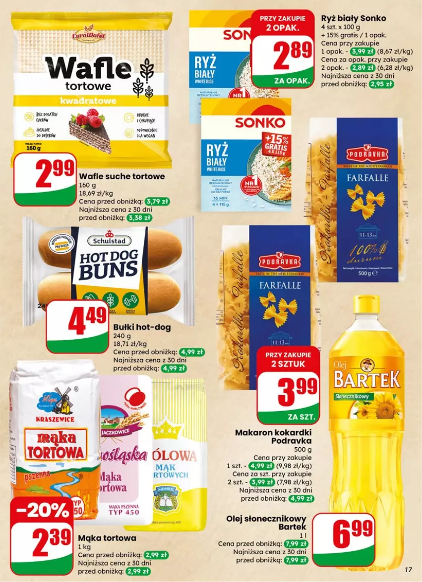 Gazetka promocyjna Dino - Gazetka 15 / 2026 - ważna 08.04 do 14.04.2026 - strona 17 - produkty: Fa, Gra, Hot dog, Mąka, Mąka pszenna, Mąka tortowa, Makaron, Olej, Podravka, Ryż, Ryż biały, Sonko, Wafle
