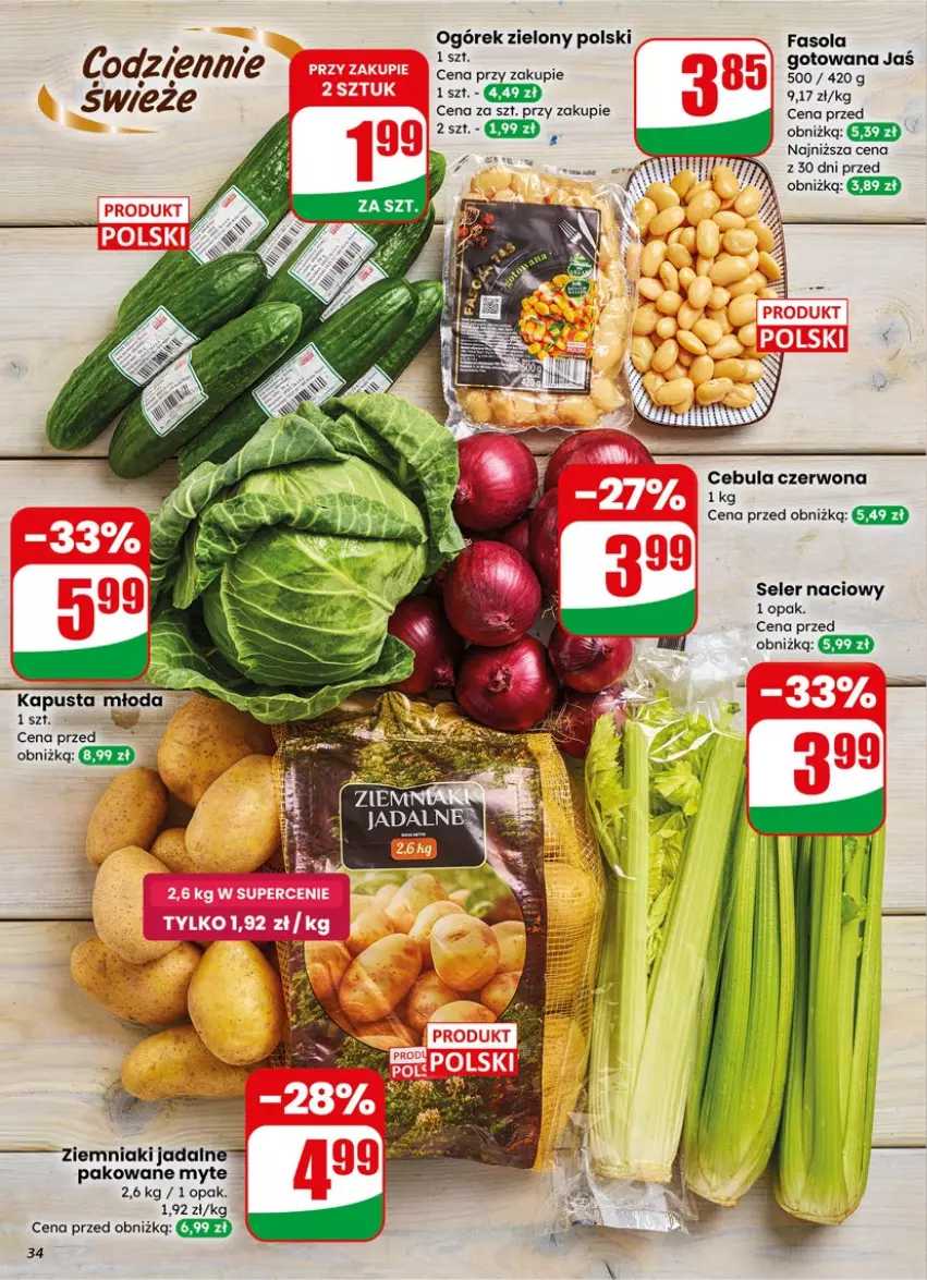 Gazetka promocyjna Dino - Gazetka 15 / 2026 - ważna 08.04 do 14.04.2026 - strona 34 - produkty: Cebula, Cebula czerwona, Fa, Fasola, Ogórek, Seler naciowy, Ziemniaki