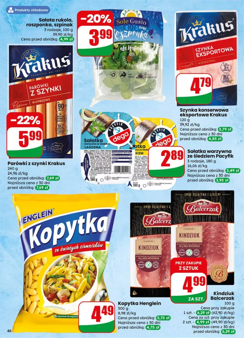 Gazetka promocyjna Dino - Gazetka 15 / 2026 - ważna 08.04 do 14.04.2026 - strona 46 - produkty: Kindziuk, Kopytka, Krakus, Parówki, Parówki z szynki, Por, Sałat, Sałatka, Sałatka warzywna, Ser, Sport, Szynka, Szynka konserwowa