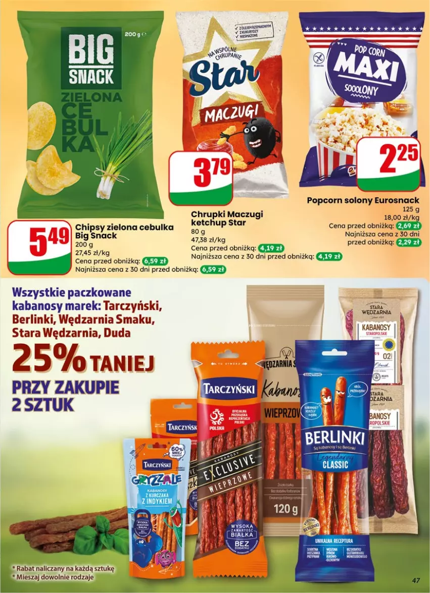 Gazetka promocyjna Dino - Gazetka 15 / 2026 - ważna 08.04 do 14.04.2026 - strona 47 - produkty: Berlinki, Chipsy, Chrupki, Duda, Kabanos, Ketchup, Kurczak, Popcorn, Sok, Tarczyński